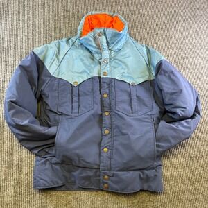 1st Down Puffer Jacket Small Blue Navy Goose Down Polyester Cotton Western Yoke